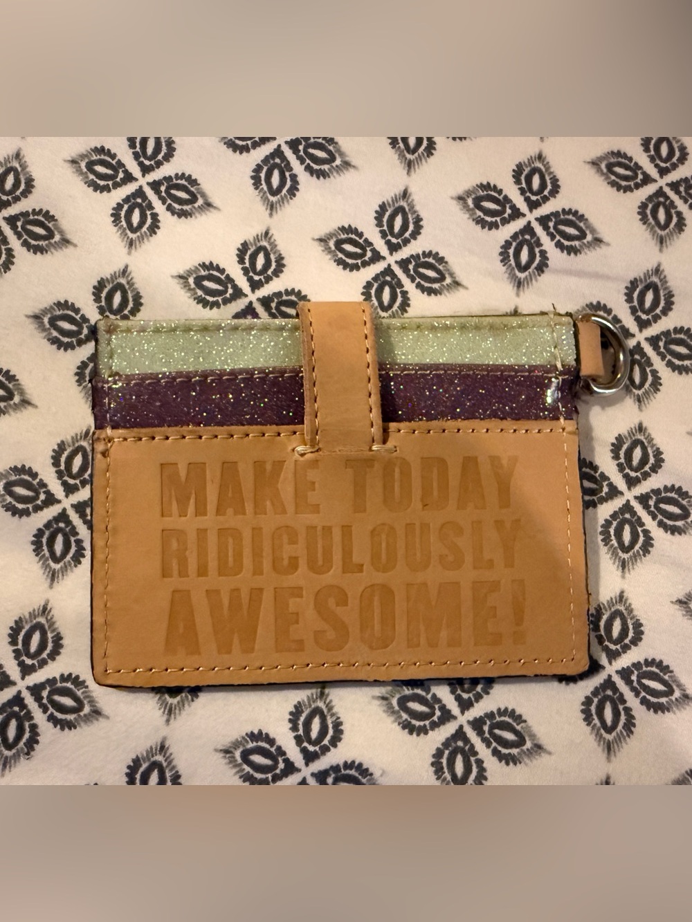 Consuela Tan Leather Cardholder Wristlet with Green and Purple Glitter